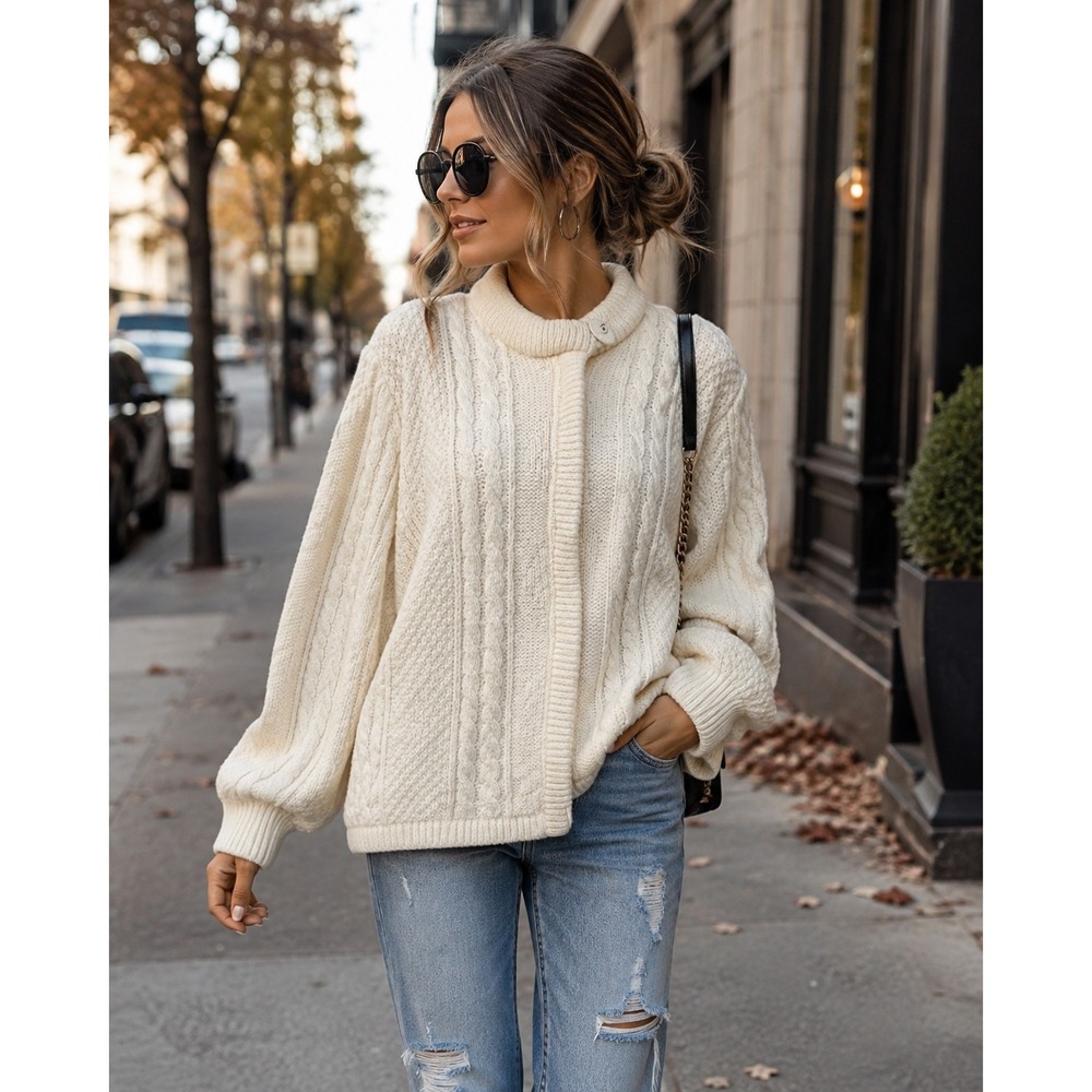 Vintage Ivory Cable Knit Cardigan Sweater Oversized Chunky Cozy‎ Cottagecore